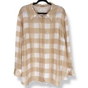 Lafayette 148 Silk Blouse Top Size 3X Buffalo Check Sheer Button Front NWT